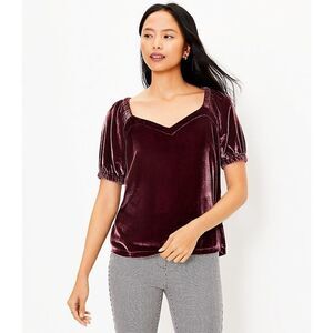 Loft Velour Puff Sleeve Sweetheart Neck Top Bold Bordeaux‎ MP New